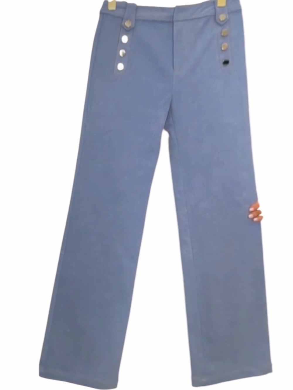 Aleeza Paris High-Rise Wide Leg Pants Slate Blue with Decorative Buttons Large